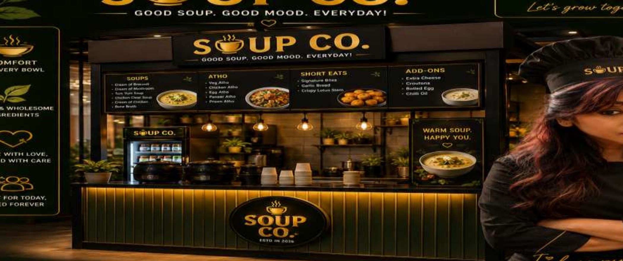 Soup Co. branded kiosk with warm lighting and menu boards